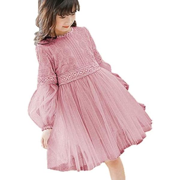 バルーン 袖 シースルー ふんわり フレア シフォン ワンピース キッズ (ピンク（長袖）,  15...