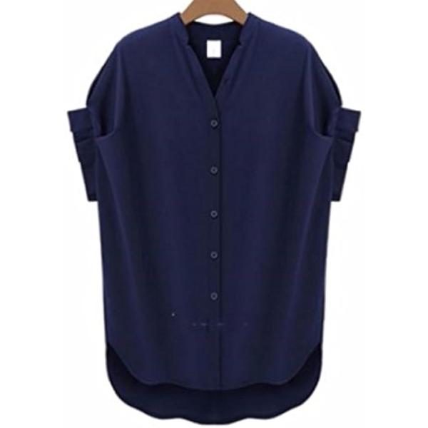 半袖 プリーツ 可愛い スキッパー シャツ ブラウス プルオーバー レディース 紺( ネイビー,  ...