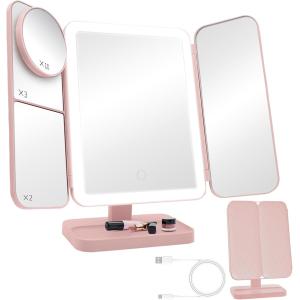 女優ミラー 3面鏡 2倍鏡 3倍鏡 10倍鏡 LEDライト 3光色切替 MDM (ピンクレザートーン, 300mmx200mmx115mm)