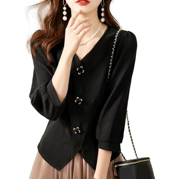 デザインボタントップス 7分袖 襟なし ファスナー付き V字裾カット スタイリッシュ 服 六分袖 春...