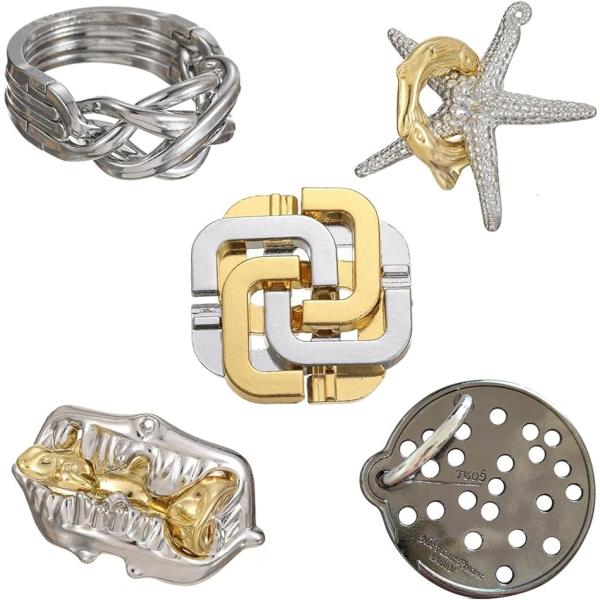 知恵の輪 知恵玩具 リングパズル 暇つぶし 立体パズル 知育玩具 金と銀 5点セット