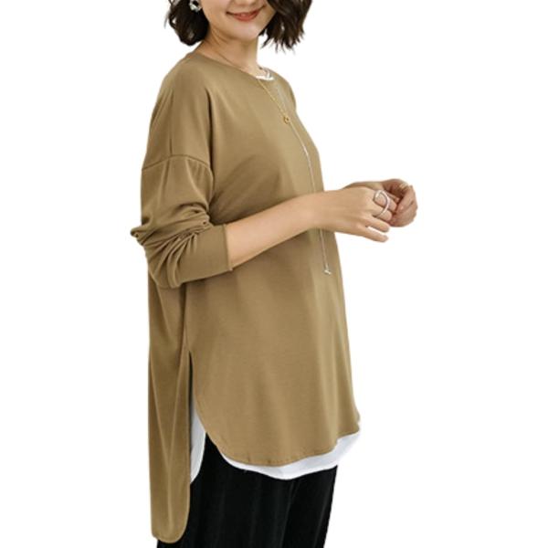 ロンティー レディース 長袖 Tシャツ ロンT ゆったり 着心地良し シンプル スリット 丈長め(ベ...