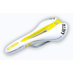 自転車 サドル 薄型 ロードバイク クロスバイク マウンテンバイク スリム 穴あき お尻が痛くない 防水 (ホワイトイエローライン)の商品画像