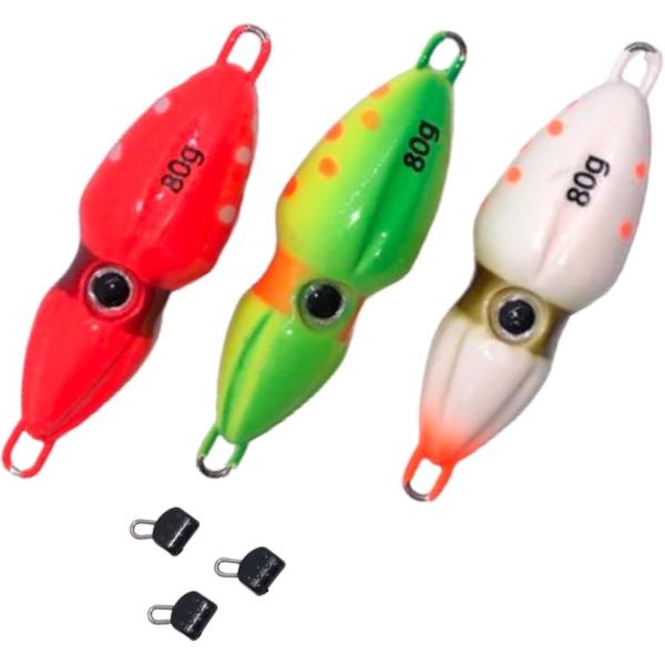 オモック イカ型 夜光 発光 鯛ラバヘッド タイラバ セット ネクタイ タイジグ メタルジグ(ホワイ...