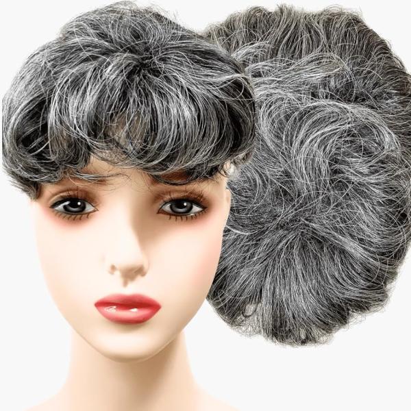 部分ウィッグ かつら ヘアピース ポイントウィッグ 白髪 グレイヘアー 女性 レディース 人工毛(白...