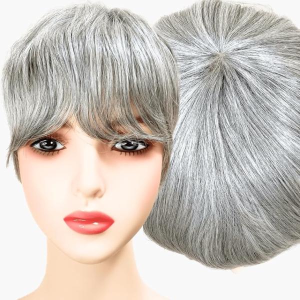 部分ウィッグ かつら ヘアピース ポイントウィッグ 白髪 グレイヘアー 女性 レディース 人工毛(白...