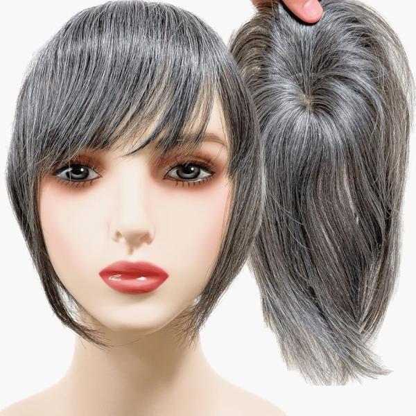 部分ウィッグ かつら ヘアピース ポイントウィッグ 白髪 グレイヘアー 女性 レディース 人工毛(白...