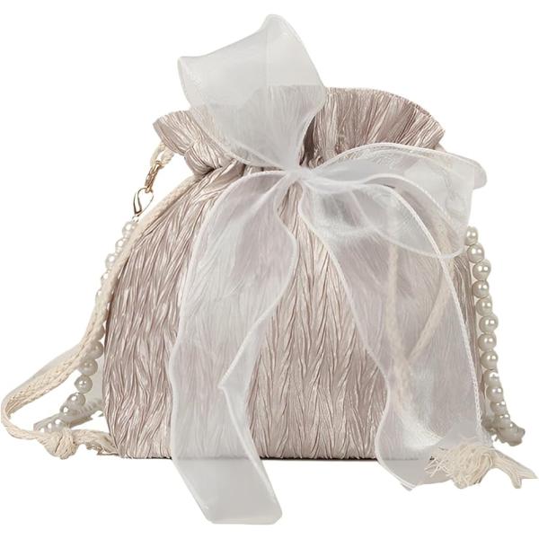 巾着バッグ ショルダーバッグ レディース ポシェット 浴衣バッグ 巾着ポーチ パール リボン(ピンク...