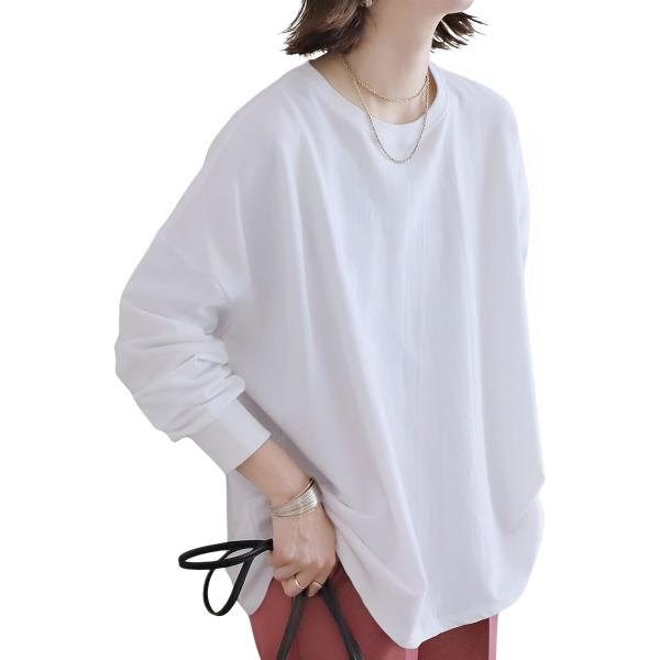 フォーリーフ ゆったり 可愛い カットソー トップス Tシャツ 長袖 クルーネック ボーダー 無地 ...