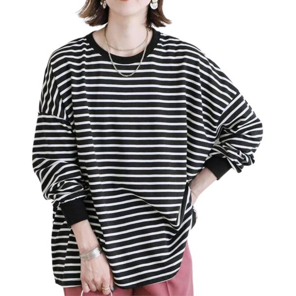 フォーリーフ ゆったり 可愛い カットソー トップス Tシャツ 長袖 クルーネック ボーダー 無地(...