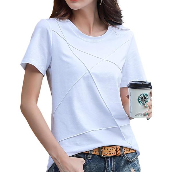 快適な着心地 tシャツ レディース 半袖 カットソー クルーネック 無地 ラインデザイン きれいめ ...