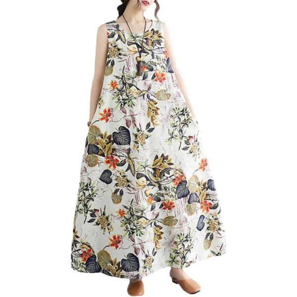 ワンピース レディース ロング ボタニカルプリント Aライン ノースリーブ リゾート リラックス 大...