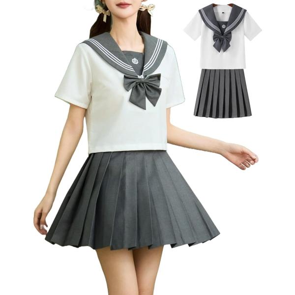 セーラー服 グレー JK 制服 コスプレ 上下セット 女子校生(グレー/ホワイト,  2XL)
