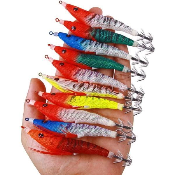 イカ 釣り メタル 夜光 エビ エギ 海 釣具 浮き 約10cm 10個(ブルー、レッド、ホワイト、...