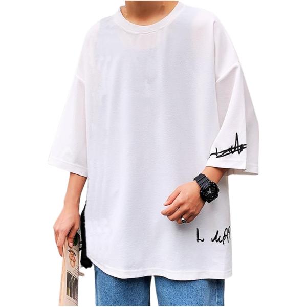 メンズ ビッグtシャツ 白 七分袖 冬服 大きいサイズ オーバーサイズ ロンT(ホワイト,  L)