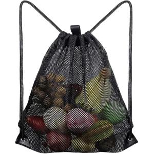 メッシュバッグ リュック ジムバッグ ナップサック ネットバッグ プール 軽量 大容量 (ブラック, M)