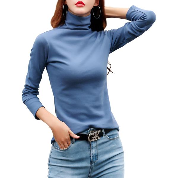 タートルネック カットソー 長袖 レディース ハイネック トップス ロング Tシャツ( ブルー,  ...