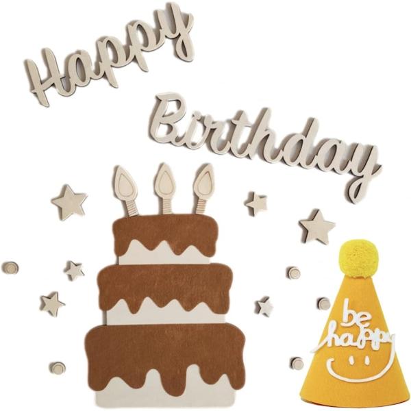 子供 誕生日 飾付け 木製 バナー 装飾 happy birthday シンプル(ケーキ/ブラウン・...