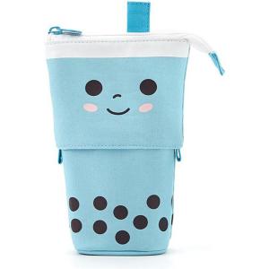 ペンケース 立てられる タピオカ 2way ペンスタンド 自立式 伸縮 ホルダー ポーチ ペン立て かわいい 文房具 筆箱 (ブルー)