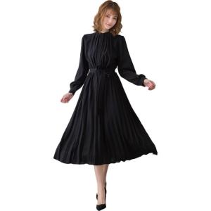ブルーベリル シフォンワンピース ロング プリーツ レディース 長袖 ハイウエスト ウエストリボン ...