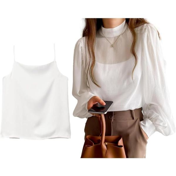 ブラウス＋キャミセット レディース シャツ インナーキャミ ボリュームスリーブ モックネック シアー...