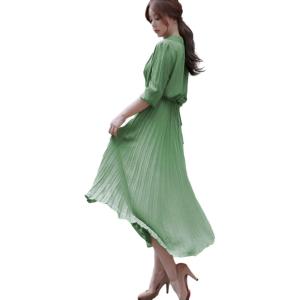 ブルーベリル シフォンワンピース ロング プリーツ レディース 長袖 ハイウエスト ウエストリボン ...