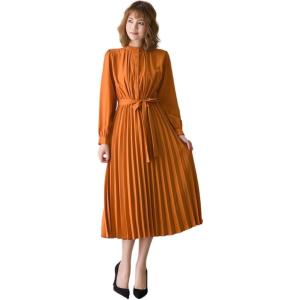 ブルーベリル シフォンワンピース ロング プリーツ レディース 長袖 ハイウエスト ウエストリボン ...