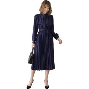 ブルーベリル シフォンワンピース ロング プリーツ レディース 長袖 ハイウエスト ウエストリボン ...