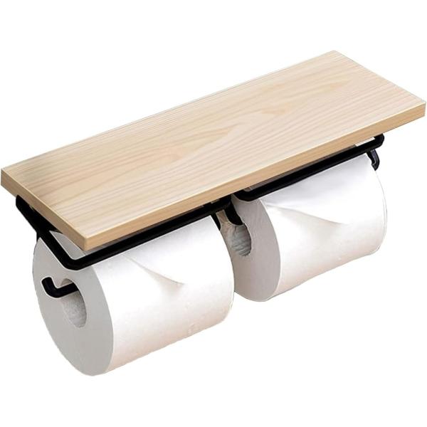 トイレットペーパーホルダー 2連 おしゃれ 棚付き 木製 小物置き 賃貸 (ナチュラル,  幅310...