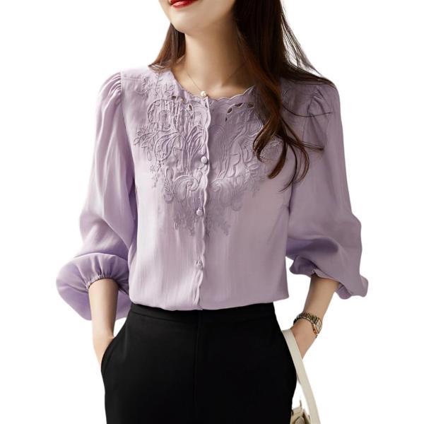 華やかな刺繍xエレガント トップス ブラウス シャツ 長袖 レース レディース ノーカラー パフスリ...
