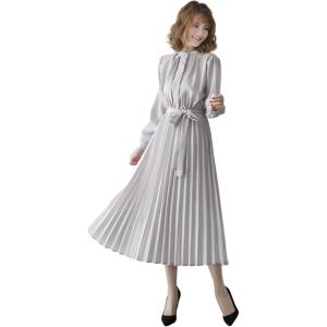 ブルーベリル シフォンワンピース ロング プリーツ レディース 長袖 ハイウエスト ウエストリボン ...