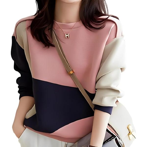 配色 スウェット 切り替え 長袖 プルオーバー きれいめ トップス レディース 秋 冬 (ピンク, ...