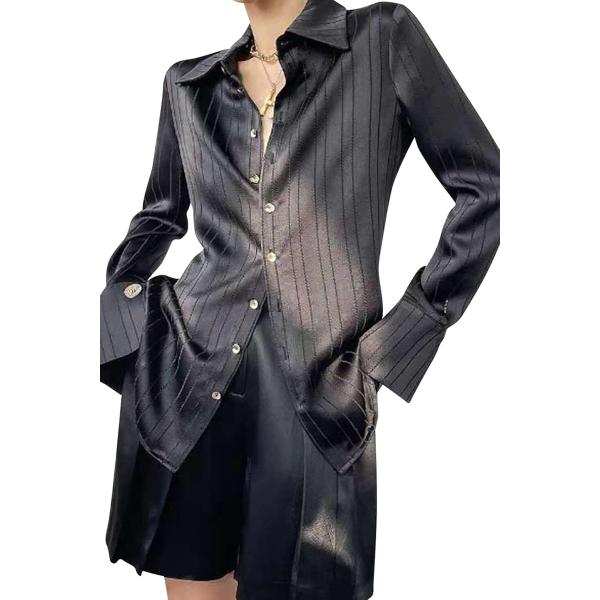 シャツ レディース ストライプシャツ 長袖 白 黒 オフィス エレガント 高級(ブラック,  M)