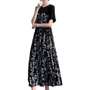 ワンピース レディース 花柄 夏 半袖 重ね着風 ロング丈 切り替え 異素材 シフォン クルーネック 通勤 通学 (ブラック, L)