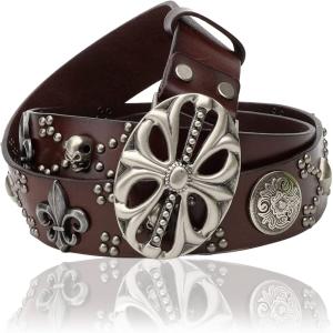 ベルト メンズ 本革 スカル クロス 十字架 ドクロ スタッズ 鋲 レザー