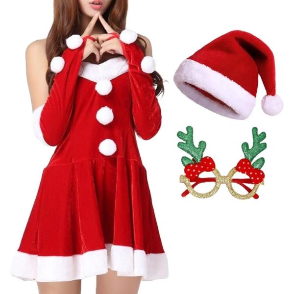 サンタ コスプレ レディース 5点セット ミニ ワンピ オフショル クリスマス 衣装 (レッド,  ...