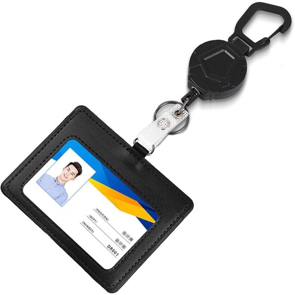 パスケース 定期入れ リール付 高強度 カード ホルダー suica 社員証 id(ブラック,  横...