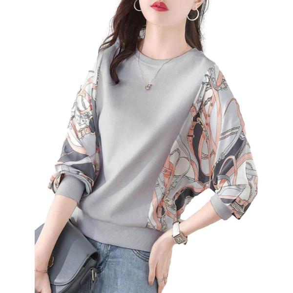 ドルマンスリーブ レディース 長袖 ブラウス トップス スカーフ柄(グレー,  2XL)