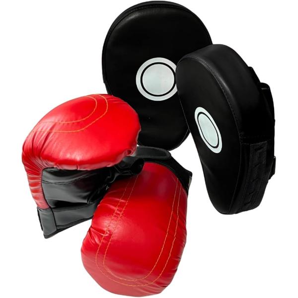 パンチングミット ボクシンググローブ 空手 ペア セット((グローブ（赤）+ミット（黒）セット))