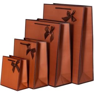 ギフトバッグ 紙袋 5枚 セット 厚手 ラッピング リボン付き 26x12x32cm( ブラウン)