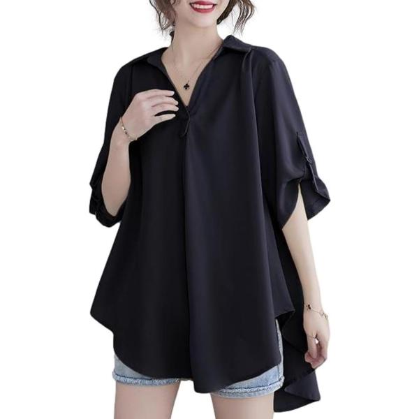 チュニック レディース スキッパーシャツ プルオーバー ビッグシルエット 五分袖 シフォン 裏地なし...