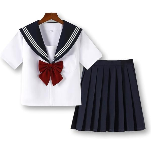 セーラー服 コスプレ 制服 半袖 プリーツスカート リボン 3点セット ホワイト(ホワイト,  S)