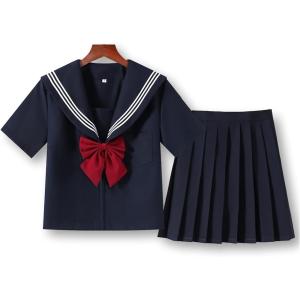 セーラー服 コスプレ 制服 半袖 プリーツスカート リボン 3点セット ネイビー( XL)
