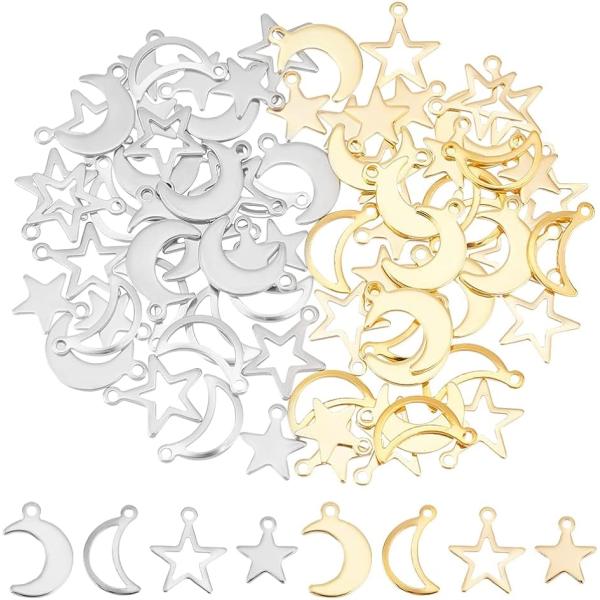 星月ペンダント 80個 4スタイル ステンレススチール 中空ペンダント 低刺激性( 2色-4スタイル...