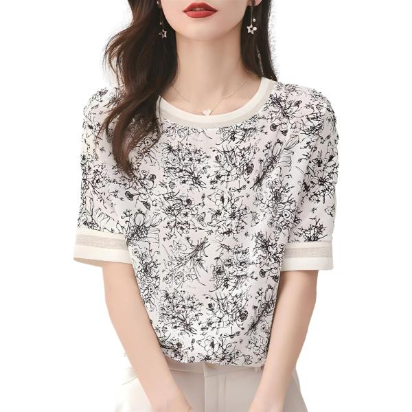 ボタニカル柄Tシャツ 五分袖 シフォンブラウス 花柄 リブ袖 モノトーン オフィスカジュアル レディ...