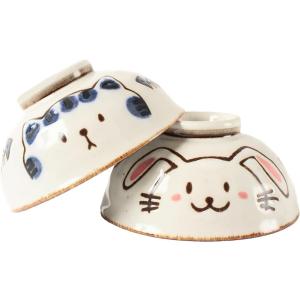 美濃焼 ご飯茶碗 ペア ネコとウサギ お魚 人参 ネコうさぎ STC001(ブルーピンク,  M)
