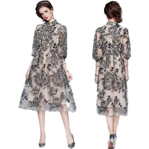 レディース ワンピース ドレス レース 刺繍 七分袖 パーティー 結婚式 お呼ばれ ブラック Mサイ...