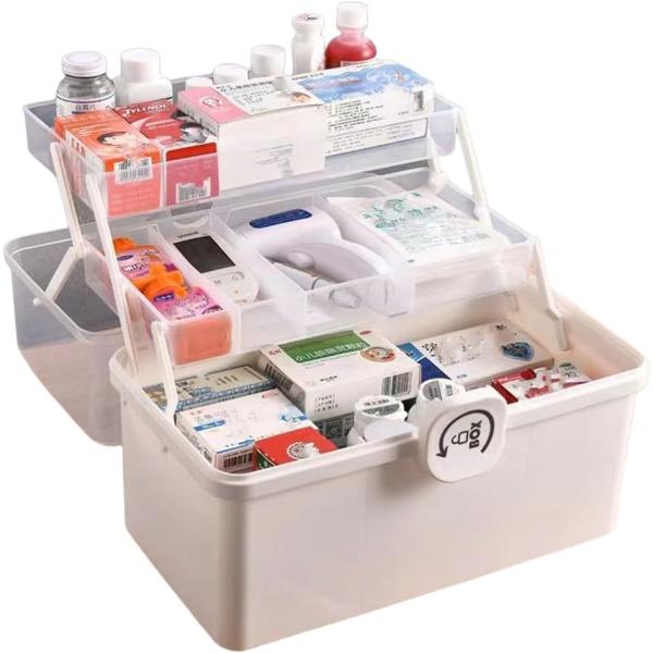 救急箱 薬箱 大容量 3層式 収納 ツールボックス 持ち運び便利 ハンドル付( ホワイト) 工具箱