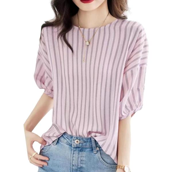ブルーベリル ブラウス レディース ストライプ柄 ボリューム袖 5分袖 ラウンドネック プルオーバー...