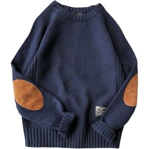 エルボーパッチ ニット 丸首 セーター 長袖 トップス メンズ